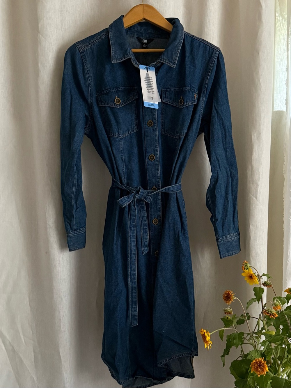 NWT FRYE Denim Dress L Large Belted Western Button Front Duster 100% Cotton